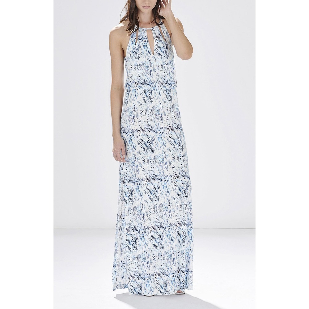 Parker Blue White Snakeskin Print Halter Maxi‎ Dress Cutout Keyhole Rayon Small